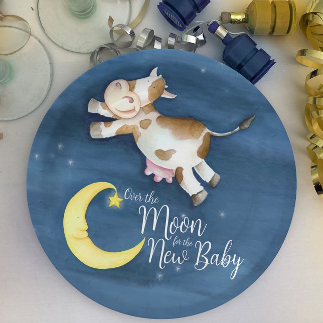 Prato De Papel Vaca pula a lua em aquarela baby shower (Criador carregado)