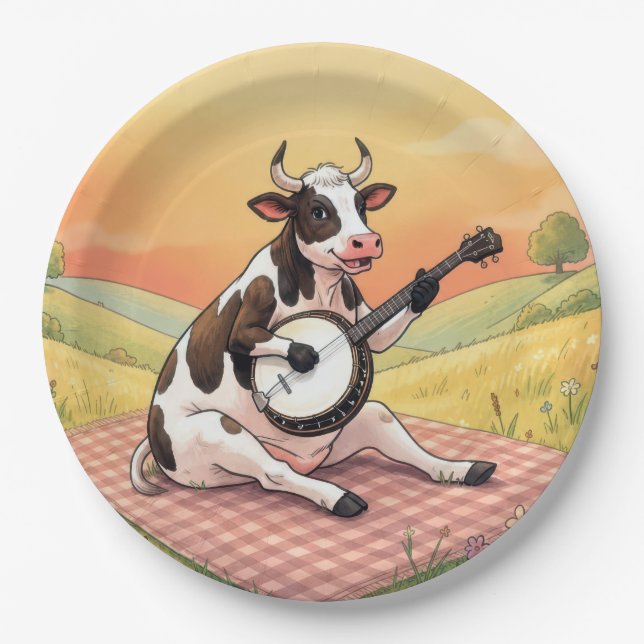 Prato De Papel Vaca Tocando um Banjo em um Cobertor (Frente)