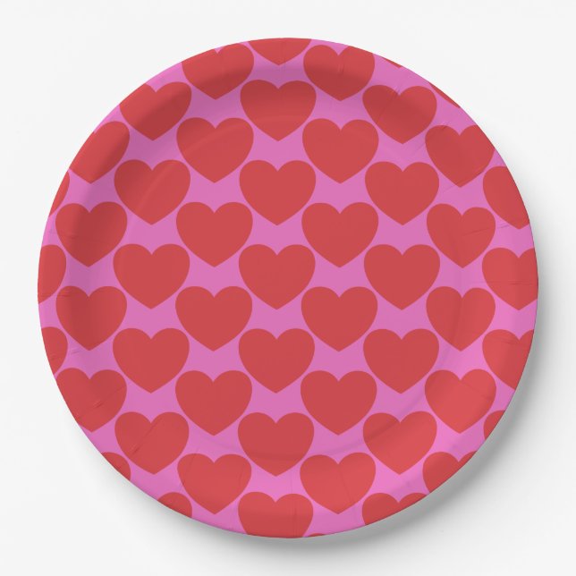 Prato De Papel Valentine's Day Pink and Red Heart Pattern Party (Frente)