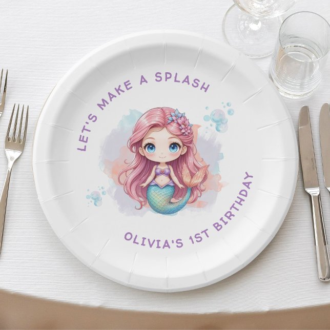 Prato De Papel Vamos faz uma Festa de aniversário de sereia de ga (Let's Make a Splash Girls Mermaid Birthday Party Paper Plates
)