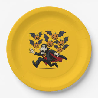 Prato De Papel Vampiro Vintage de Halloween e Morcegos de Abóbora
