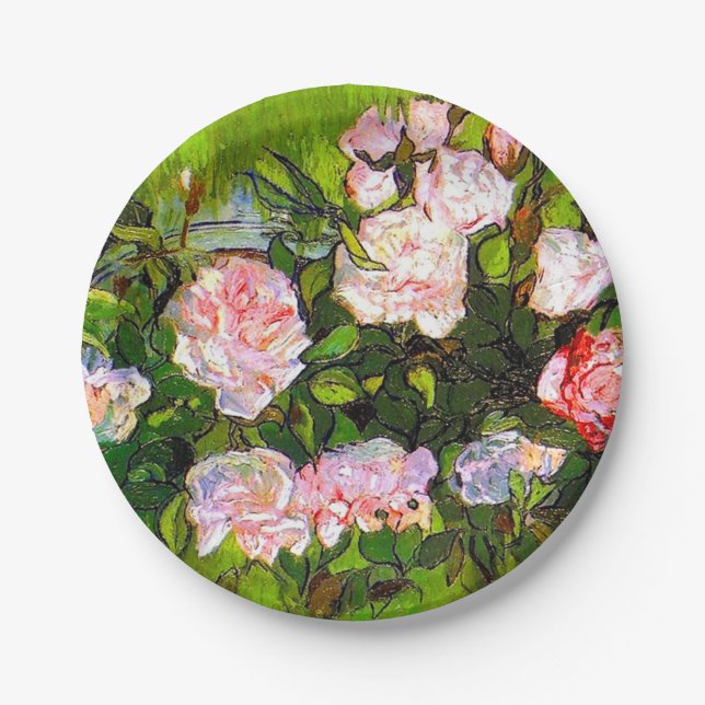 Prato De Papel Van Gogh ainda vive com rosas rosa (Frente)