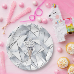 Prato De Papel Vanilla Silver Confetti Sorvete Cone Aniversário