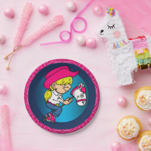 Prato De Papel Vaqueira Do Partido Ocidental Em Stick Horse Pink