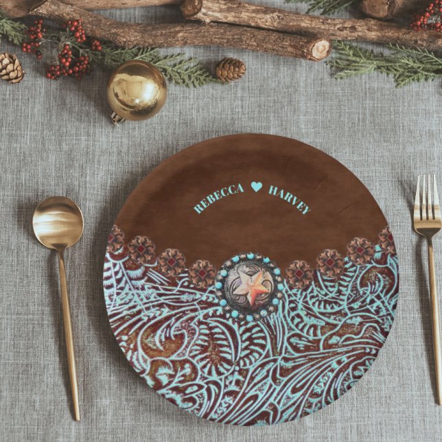 Prato De Papel vaqueiro de couro castanho-turquesa oeste (turquoise brown leather cowboy country western paper plates)