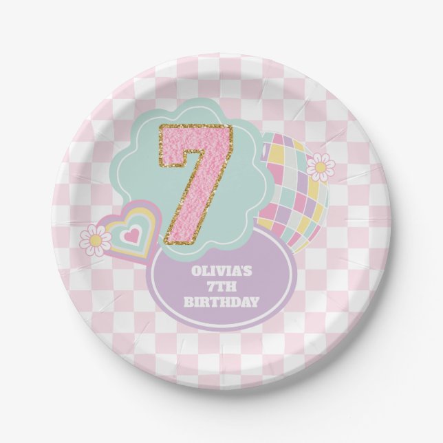 Prato De Papel Varsity elegante adesivo pastel de 7º aniversário (Frente)