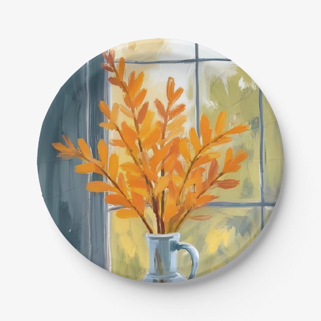 Prato De Papel Vaso de Flores de Outono Aquarela (Frente)