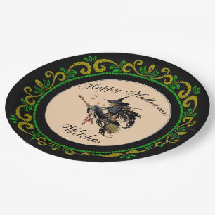 Prato De Papel Vassoura de Bruxas Felizes e Verdes Amarelas