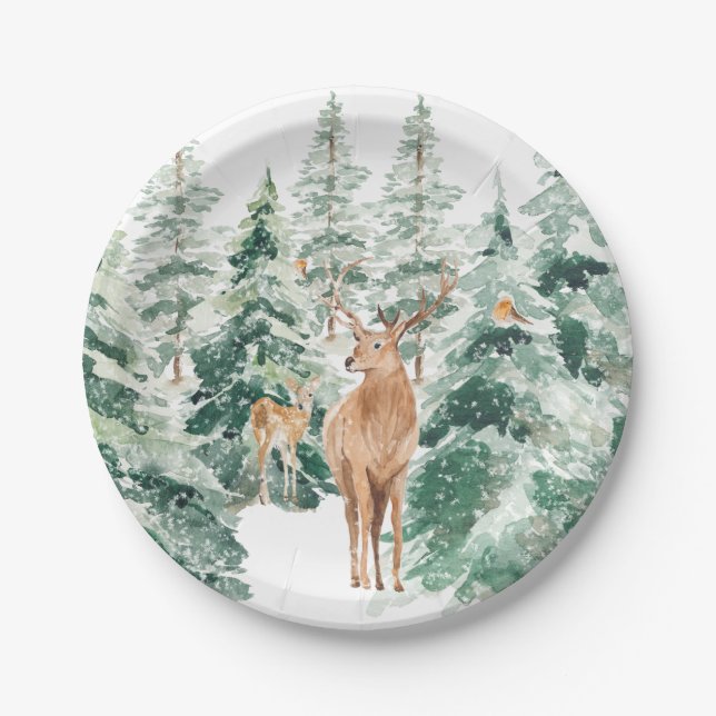 Prato De Papel Veado Rustic Snowy Winter Woodland (Frente)