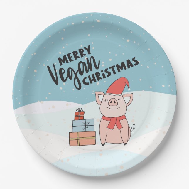 Prato De Papel Vegan Christmas com leitão de desenho animado e pr (Frente)