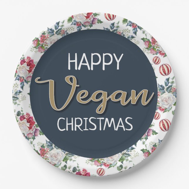 Prato De Papel Vegan Natal retro azul e dourado floral (Frente)
