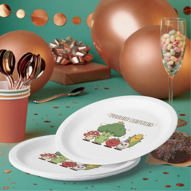 Prato De Papel Veggie Besties | Cute Kawaii Cartoon Vegetable  (Múltiplo)