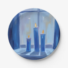 Prato De Papel Velas de Hanukkah Azuis Aquarela