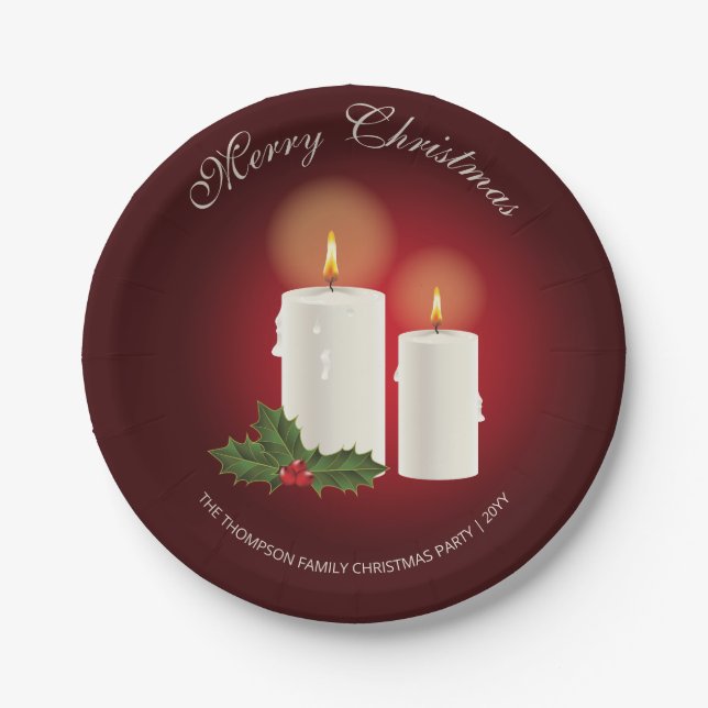 Prato De Papel Velas de Natal Brancas em Vermelho com Texto Perso (Frente)