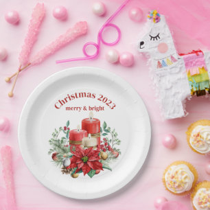 Prato De Papel Velas e Buquê de Poinsettia Natal