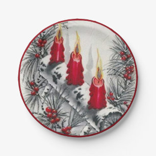 Prato De Papel Velas Vermelhas de Natal Antigas Agulhas de Pinhei