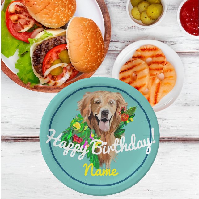 Prato De Papel Vendedor de Ouros de Sonho de Cachorro (Cute Dog Dreamy Golden Retriever Paper Plate)