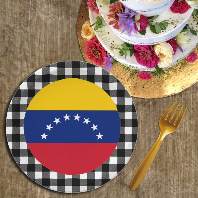 Prato De Papel Venezuela Plate, xadrez de búfalo e bandeira venez (Criador carregado)