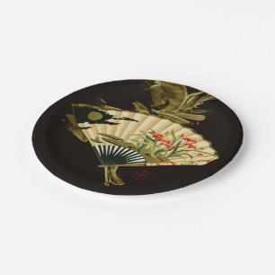 Prato De Papel Ventilador oriental esmagado com Design Floral