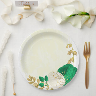 Prato De Papel Verde-esmeralda romântico e flores brancas dourada