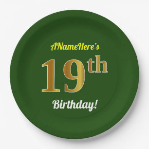 Prato De Papel Verde, Faux Dourado 19º Aniversário + Nome Perso