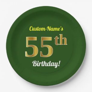 Prato De Papel Verde, Faux Dourado 55º aniversário + Nome Perso