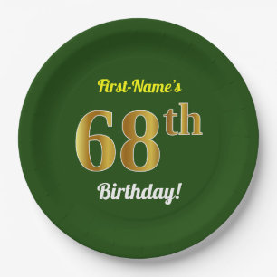 Prato De Papel Verde, Faux Dourado 68º Aniversário + Nome Perso