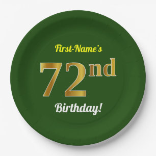 Prato De Papel Verde, Faux Dourado 72º Aniversário + Nome Perso