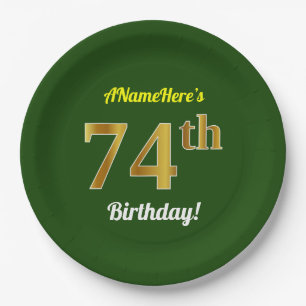 Prato De Papel Verde, Faux Dourado 74º aniversário + Nome Perso