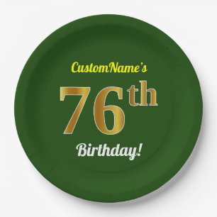 Prato De Papel Verde, Faux Dourado 76º Aniversário + Nome Perso