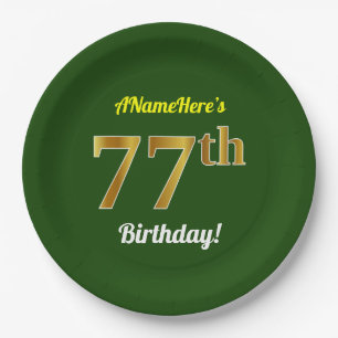 Prato De Papel Verde, Faux Dourado 77º aniversário + Nome Perso
