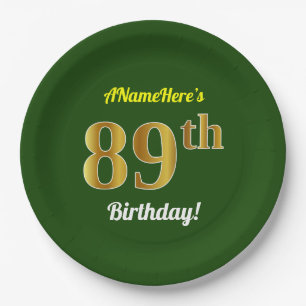 Prato De Papel Verde, Faux Dourado 89 Aniversário + Nome Persona