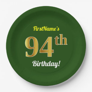 Prato De Papel Verde, Faux Dourado 94. Aniversário + Nome Person