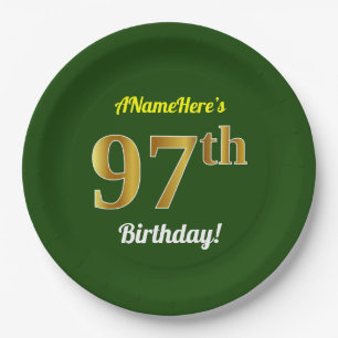 Prato De Papel Verde, Faux Dourado 97º aniversário + Nome Perso