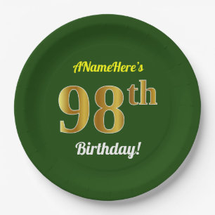 Prato De Papel Verde, Faux Dourado 98º Aniversário + Nome Perso