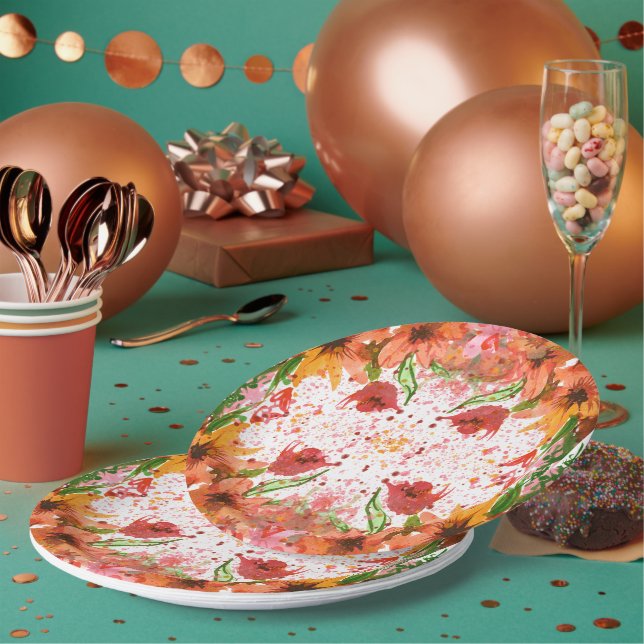 Prato De Papel Verde & Laranja Moderno Floral Abstrato (Múltiplo)