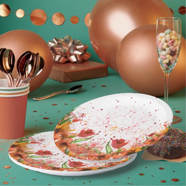 Prato De Papel Verde & Laranja Moderno Floral Abstrato (Múltiplo)
