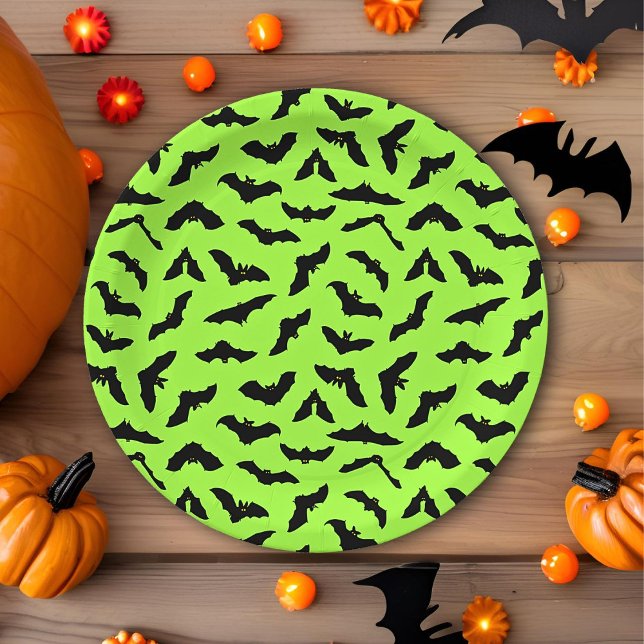 Prato De Papel Verde limão Bat Patterno Halloween (Criador carregado)