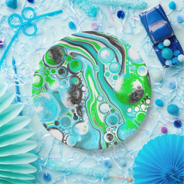Prato De Papel Verde limão e mármore azul como bolhas de espiral (Festa)