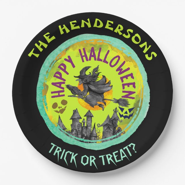 Prato De Papel Verde limão Feliz Halloween (Frente)