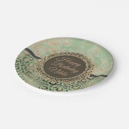 Prato De Papel Verde limão Marble Glittery Leopardo Aniversário
