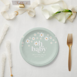 Prato de papel verde Retro Daisy boho Baby Shower