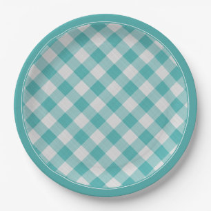 Prato De Papel Verificação de Gingham Branco/Teal Xadrez Simple