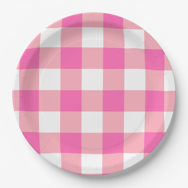 Prato De Papel Verificações de Xadrez Gingham Grandes e Rosa (Frente)