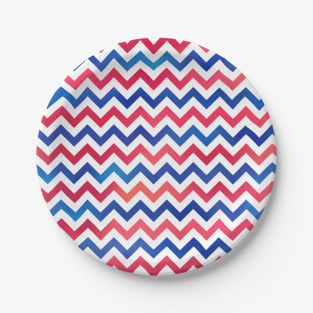 Prato De Papel Vermelho Azul Patriótico Chevron Zig Stripes (Frente)
