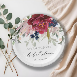 Prato De Papel Vermelho Borgonha Rosa Azul Floral Chá de Noiva