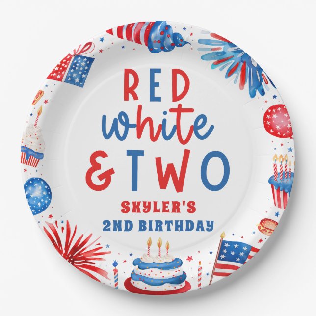 Prato De Papel Vermelho, Branco e Dois Festa do segundo aniversár (Frente)