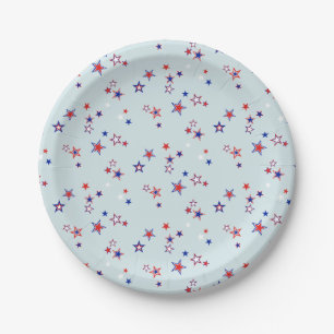 Prato De Papel Vermelho, Branco e Estrelas Azuis Espalhados Patri