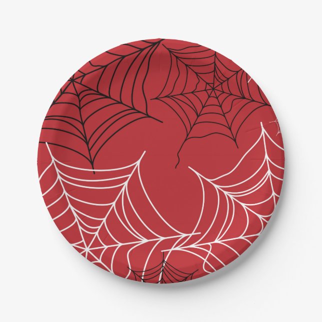 Prato De Papel Vermelho com Aranhas e Teias de Aranha Brancas de  (Frente)