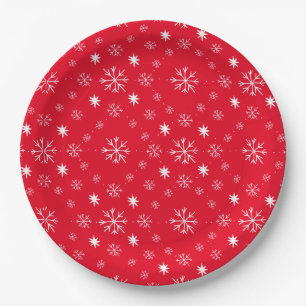 Prato de Papel Vermelho Com Flocos de Neve Brancos